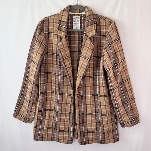 Fornia Shacket Blazer Jacket plaid one button neutral tan brown casual Small - Picture 1 of 6